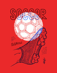 Soccer cleat and a ball. Football boot hitting the ball vintage typography silkscreen t-shirt print vector illustration.
