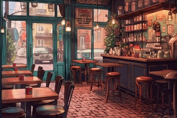 Fototapeta na wymiar Vintage Anime Vibes: Immerse Yourself in a Cute and Cozy Café in Amsterdam on a Rainy Day