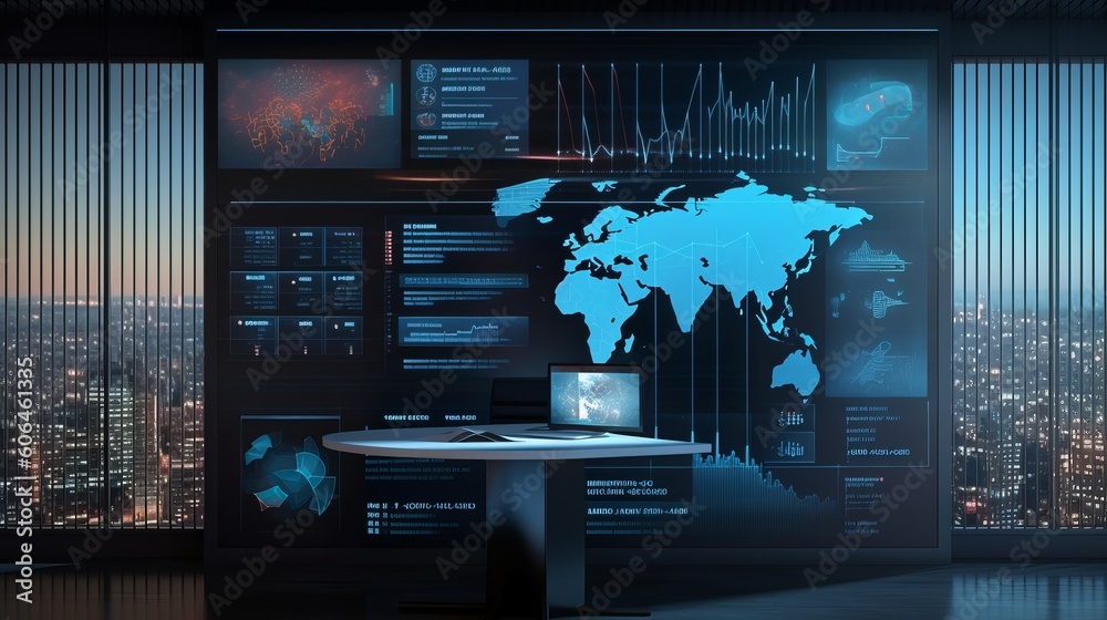 Wall mural business intelligence analyst dashboard on virtual screen. big data graphs charts, world map in a bu
