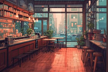 Naklejka premium Vintage Anime Vibes: Immerse Yourself in a Cute and Cozy Café in Amsterdam on a Rainy Day