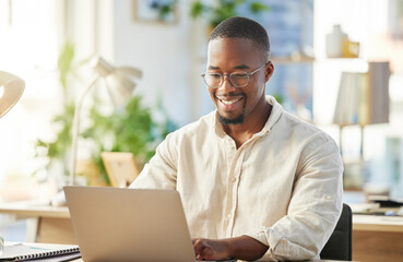 Black business man, startup and typing with laptop, smile and happy with web design, planning or...