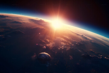 rising sun behind planet Earth. AI generated content