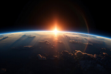 Fototapeta na wymiar rising sun behind planet Earth. AI generated content