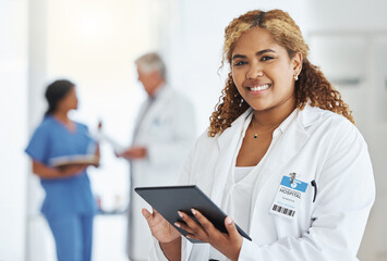 Portrait smile, woman and doctor with tablet for research, telehealth or healthcare in hospital....