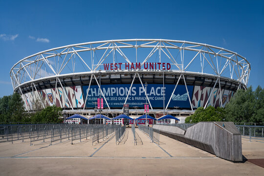 View of main entrance to West Ham United Football Clubs home, 'The London Stadium', formally the Olympic Stadium used for the London 2012 Olympics, taken on a blue sunny day