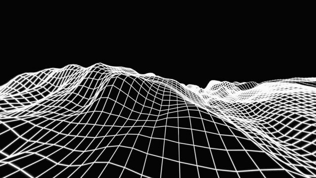 Fly above colorful white wireframe mountain on black background. 3D animation