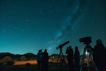 A group of people star gazing in a field with a focus on the sky 