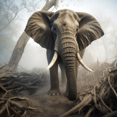 Naklejka na ściany i meble Elephant Elephants Portrait of a majestic male elephant in the fog from a wildfire