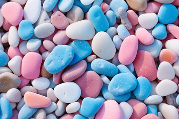 Colorful Pink and Blue Pebbles on Beach. Generative ai