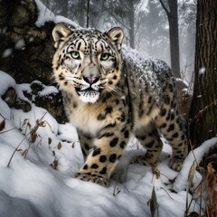 Snow leopard in snowy mountains