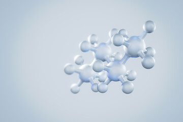 3D white atom model with blue light on white background. illustration 3d technology of science abstract background with molecular structure concept.