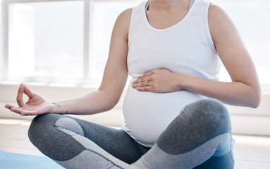 Woman, pregnancy yoga and lotus on floor for health, exercise and wellness for body, mind and...