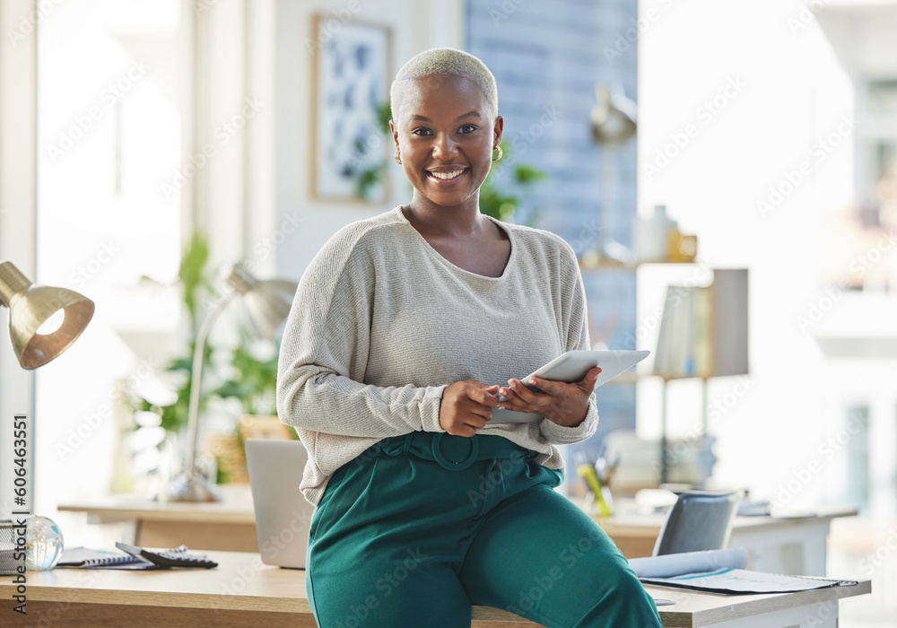 Poster research, business or portrait of black woman with tablet networking or searching for content at des