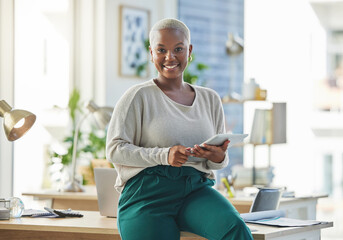 Research, business or portrait of black woman with tablet networking or searching for content at...