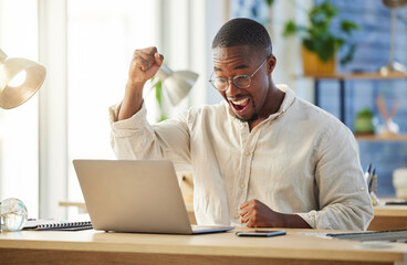 Black business man, celebration and laptop with smile, winning or excited for profit, trading or...