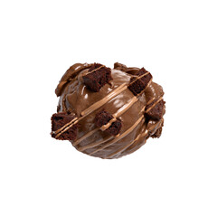 ball of chocolate ice cream with brownie on a white background