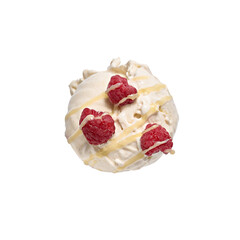 a ball of ice cream with raspberries on a white background