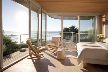 luxury interior of beach house with sea view. generative ai