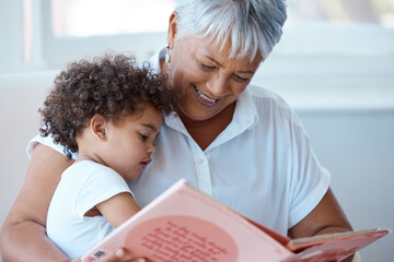 Family, girl and grandmother reading a book, story and quality time with happiness, bonding and...