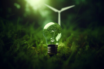 light bulb and green clean energy concept, renewable wind and solar energy symbol. generative ai