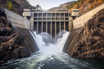 hydroelectric plant with strong waterfalls falling down. clean and renewable energy concept. generative ai