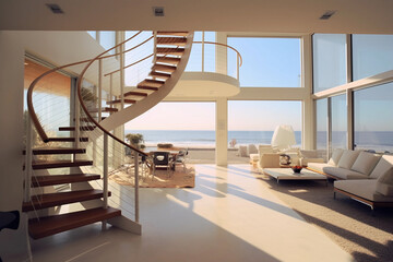 luxury interior of beach house with sea view.