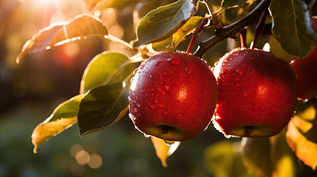 Nahaufnahme roter, saftiger &Auml;pfel an einem Apfelbaum h&auml;ngend, saisonale Ernte, Generative AI