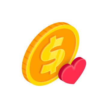 Favorite currency 3D icon. Vector Isometric gold dollar coin with heart. Donating money symbol. investment and banking concept symbol for web, app, ad.