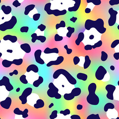 Trendy Neon Leopard seamless pattern. Vector rainbow wild animal leo skin, cheetah texture with black white spots on rainbow gradient for fashion print design, textile, wrapping paper, backgrounds.