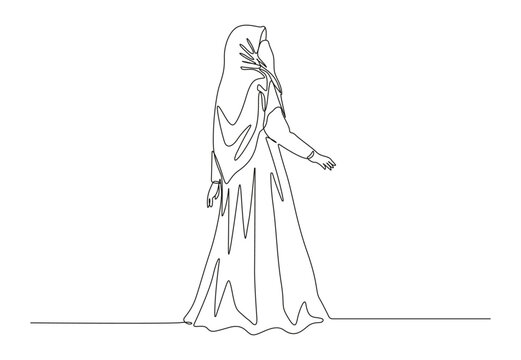 One single line drawing of young beauty saudi arabian muslimah wearing burqa and pose nicely. Traditional beautiful Arabian woman niqab cloth concept continuous line draw design vector illustration.

