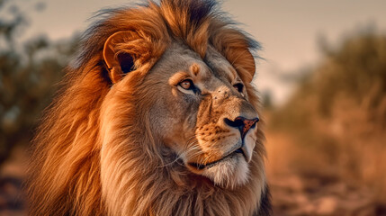 The lion stands in the middle of the field. Generative Ai. 
