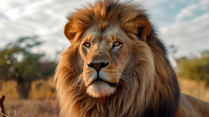 Fototapeta premium A lion stands in the middle of the savannah. Generative Ai. 