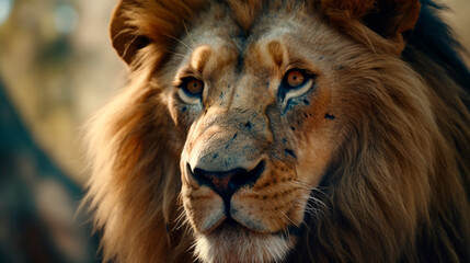 African lion portrait in the wild.  Generative Ai.