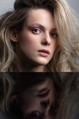 Naklejka premium Beauty, fashion and make-up concept. Beautiful and young blonde woman with big wavy hair close-up studio portrait. Model face reflection on black mirror. Sensual mood