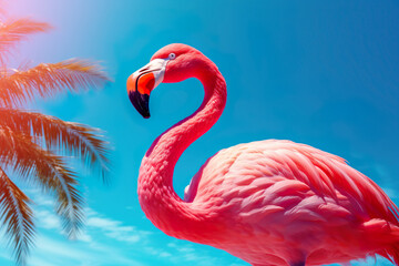 Fototapeta premium Pink flamingo and palm tree on blue summer background. Generative Ai.