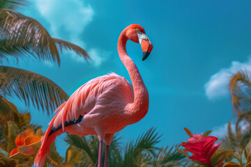 Fototapeta premium Pink flamingo and palm tree on blue summer background. Generative Ai.