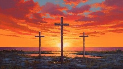 3 Crosses with background of Sunset