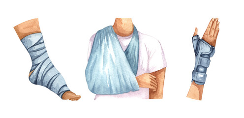 Watercolor Illustration of firs aid person with injured hand, leh, discocated shoulder, bandaged arm. Physiotherapy clipart.