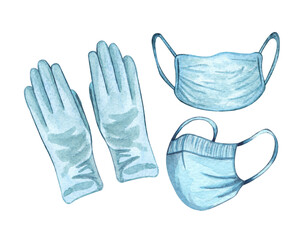 Watercolor set of medicine and healthcare objects. Medical tools such as glowers, mask