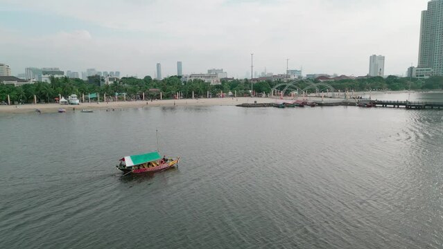 Aerial view of tour boats on the Ancol coastline, Jakarta, Indonesia