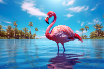 Fototapeta na wymiar Pink flamingo and palm tree on blue summer background. Generative Ai.
