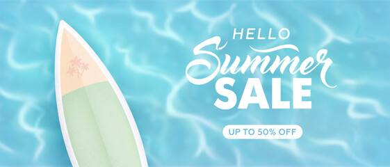 Hello summer horizontal sale background with realistic top view sea and surfboard. Summer sale banner. Vector illustration