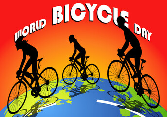 Fototapeta na wymiar Día mundial de la bicicleta. Siluetas de una familia montando en bici al atardecer sobre el planeta Tierra