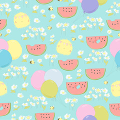 Seamless Pattern with Watermelons, Balloons and Chamomiles
