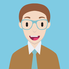 Funny happy man male avatar office worker or accountant geek character with eyes glasses. Brown shirt and blue tie, brown hair, white collar. Flat style. NFT avatar. Male human person character.