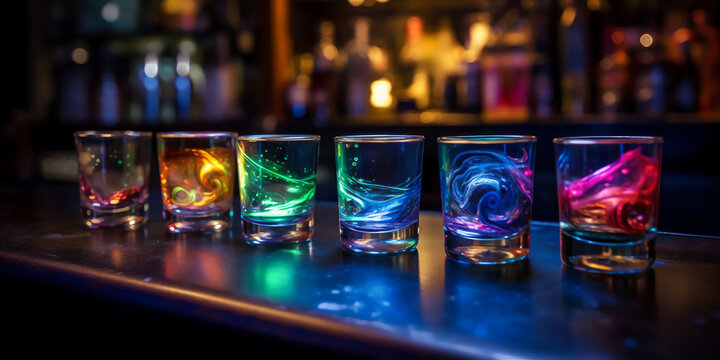 Set of unearthly cocktail shots with colourful turbulent liquor resting on the bar counter. Generative AI