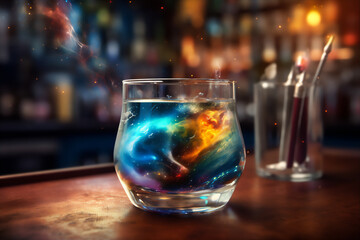 Unearthly antigravity cocktail resting on the counter, with colorful turbulence, mixes realistic and fantastical elements, rainbowcore, dark orange and light blue. AI generated image Generative AI