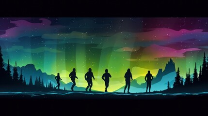 Naklejka premium silhouette of people walking with background of dark aurora borealis