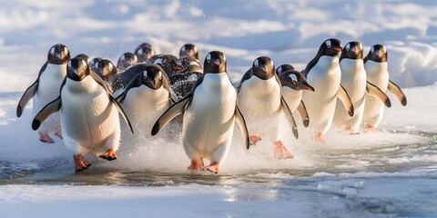 A group of penguins waddle excitedly towards the water, their happy chatter filling the frosty air of the antarctic, concept of Social behavior, created with Generative AI technology