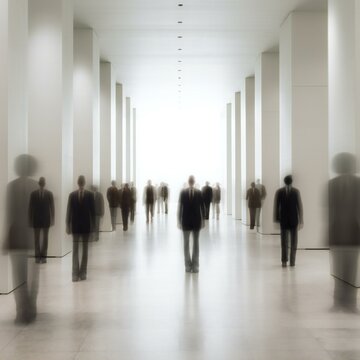 Blurred business people walking in the building. Created with generative AI technology.